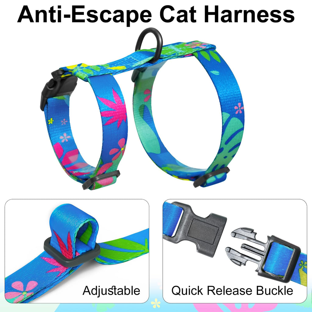 Kaazylab Cat Harness and Leash Set with Matching Collar – Escape Proof Harness for Cats, Adjustable & Lightweight, Tropical Hawaiian Leaf Print, Easy Wear for Outdoor Walking & Training