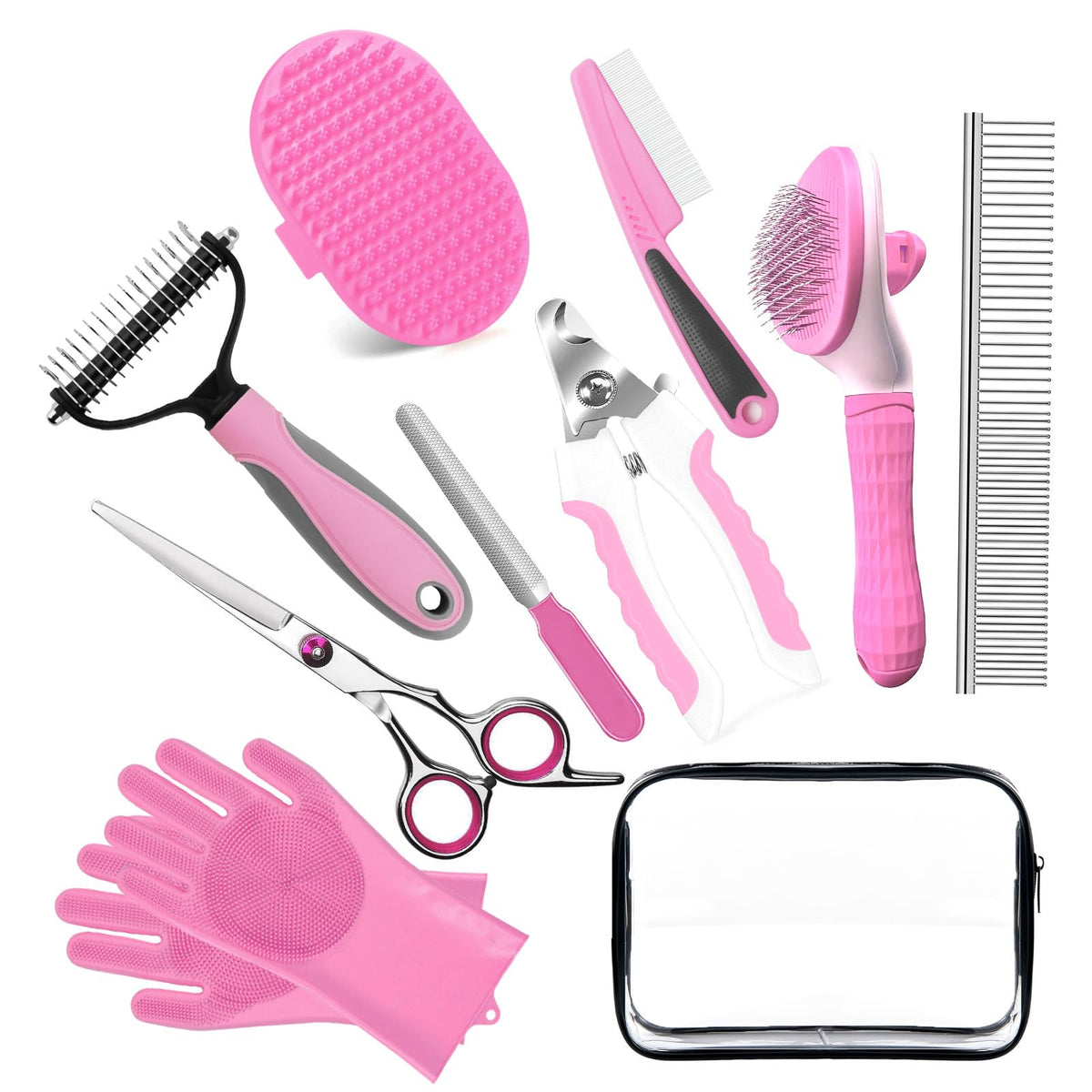 Dog Brush for Shedding 13pcs Bath Grooming Kit with Pet Nail Clipper and File - Dog Bath Brush Cat Grooming Supplies, Dematting Comb Bath Brush Shampoo Scrubber for Dogs and Cats