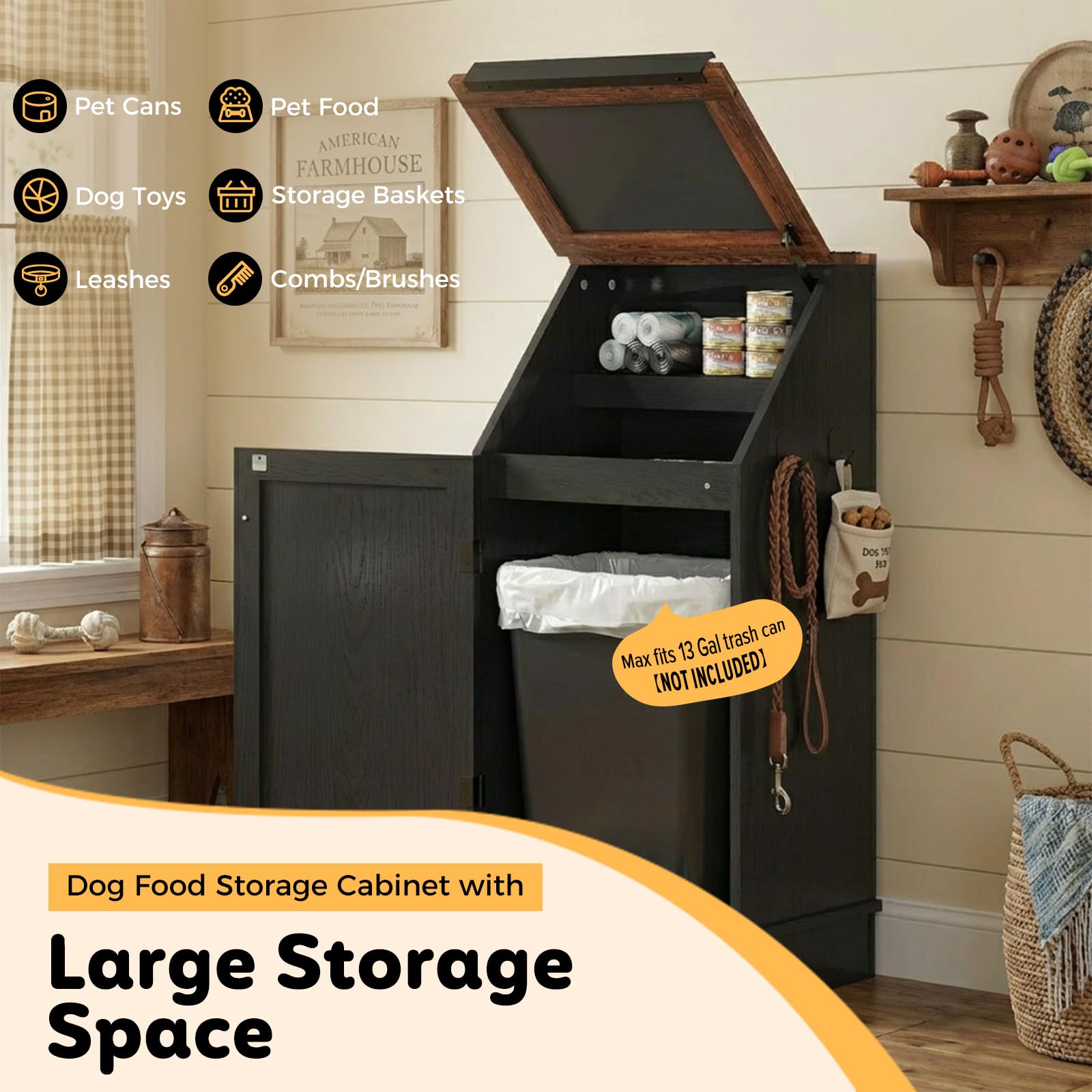 Furnivio Dog Food Feeding Station with Storage, Pet Food Storage Cabinet with Bowls and Flip-Top Blackboard, Hidden Trash Can, Pet Organizer Cabinet for Dog and Cat, Black