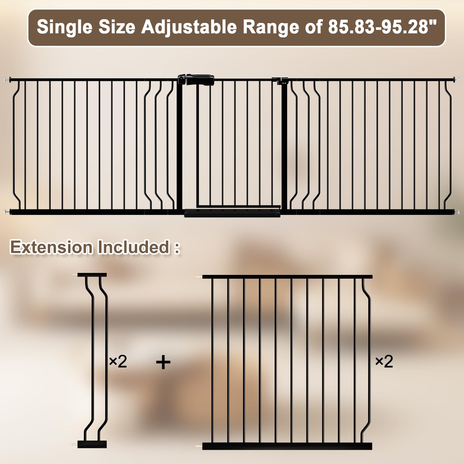 WAOWAO 85.83-95.25" Extra Wide Baby Gate Pressure Mounted 30" Tall Black