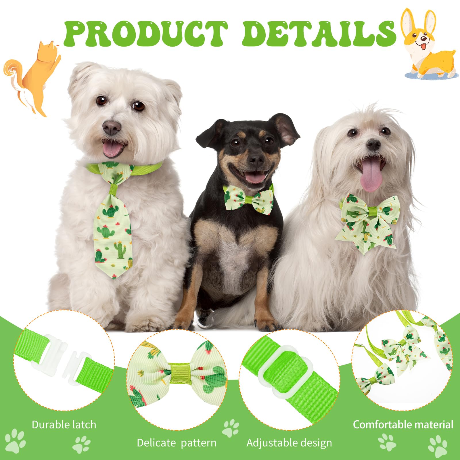 Reginary 100 Pieces Dog Bow Tie Collar Set Include 40 Dog Neckties, and 30 Puppy Bowties, 30 Collar Flowers, Adjustable Pet Ties Grooming for Small Medium Cats Pets Supply(Cactus)