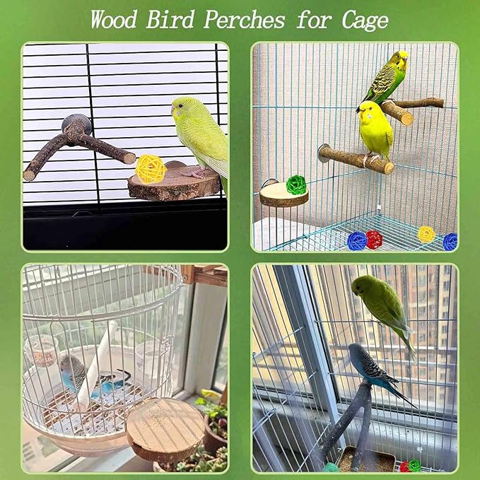 8 PCS Natural Wood Bird Perches Stand for Cage, 5 PCS Parrot Rattan Balls, Wooden Hanging Multi-Branch Perches Platform, Hammock Swing Toy for Parakeets, Budgies, Cockatiels, Conures, Macaws (13 PCS)