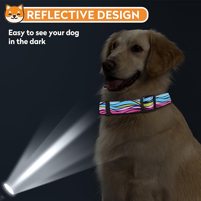PWOD Reflective Dog Collar, Adjustable Soft Neoprene Padded Nylon Pet Collars with Buckle for Puppy and Small Dogs, Cats, Colorful Wave Pattern,M
