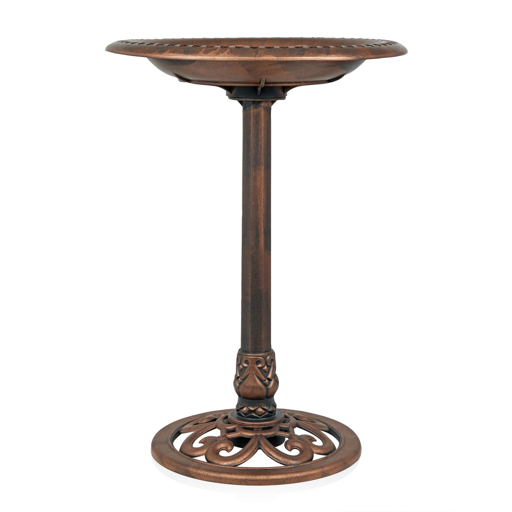 Alpine Corporation | 28" Bronze Outdoor Pedestal Birdbath with Scrollwork Base and Ground Stakes — Elegant Garden Décor, Durable Weather-Resistant Design for Lawn, Patio, or Yard