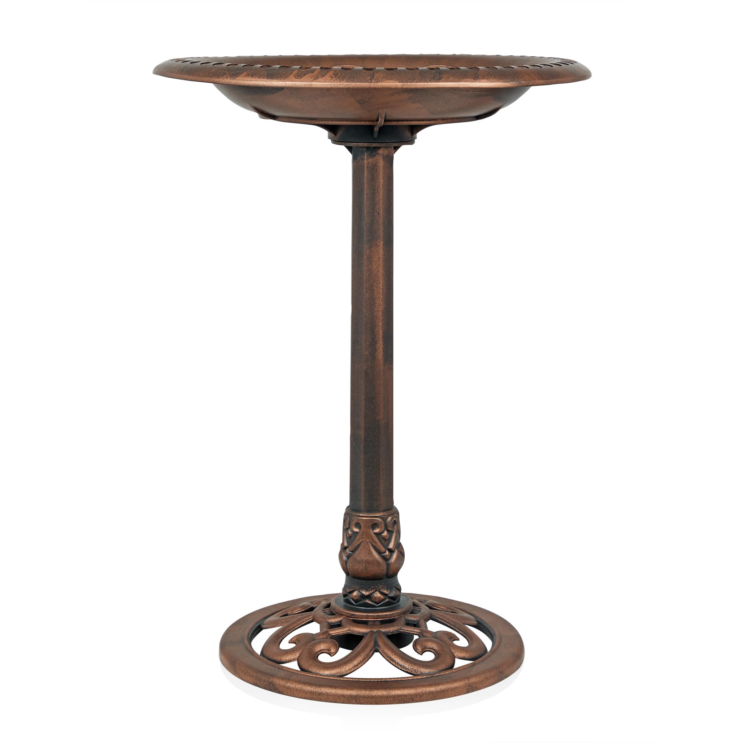 Alpine Corporation | 28" Bronze Outdoor Pedestal Birdbath with Scrollwork Base and Ground Stakes — Elegant Garden Décor, Durable Weather-Resistant Design for Lawn, Patio, or Yard