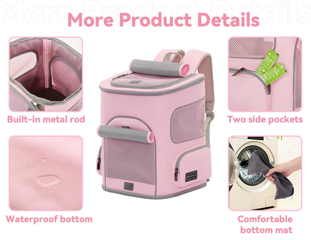 PETSFIT Pet Carrier Backpack with Upgraded Waist Protection, Cat Carrier Backpack Designed for Small Dogs/Cats, Fully Ventilated Collapsible Dog Backpack for Outdoor Traveling Hiking Camping, Pink
