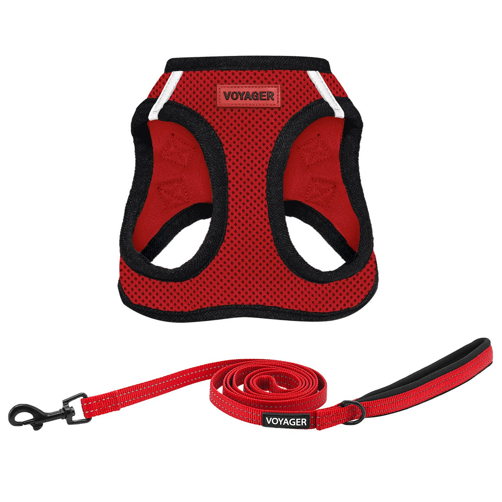 Best Pet Supplies Voyager Step-in Air All Weather Mesh Harness and Reflective Dog 5ft Leash Combo with Neoprene Handle, for Small, Medium and Large Breed Puppies - Red/Black Trim, Small