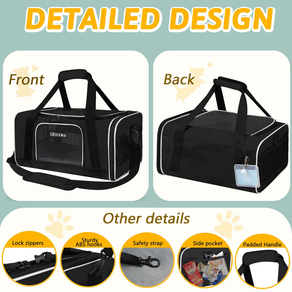 Petskd Small Pet Carrier 17" L x 11" W x 9.5" H Airline Approved, Black