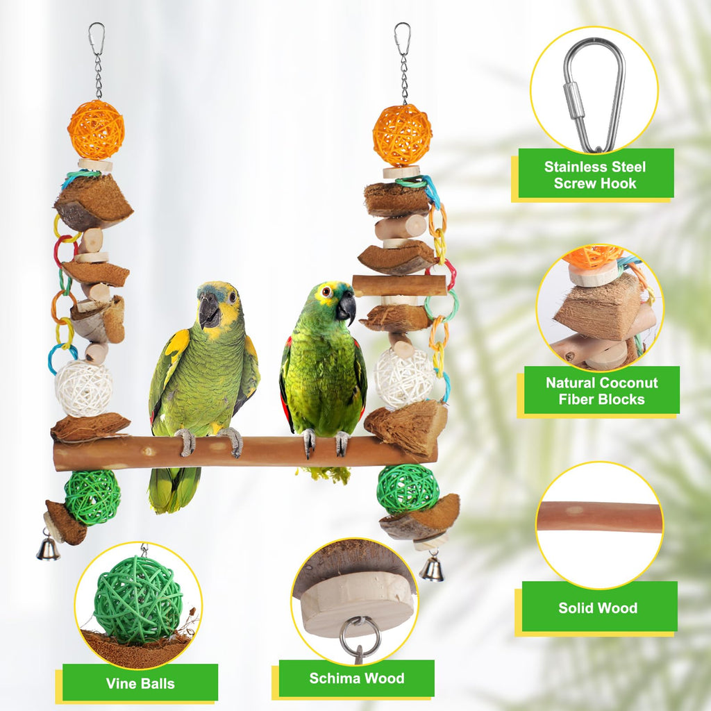 unimaxlink 3-in-1 Parrot Toys Natural Coconut Fiber Parrot Hammock (Swing + Perch + Chew Toy) Natural Bird Perches for Medium Large Birds - 23" Bird Toys for Parrots Stand