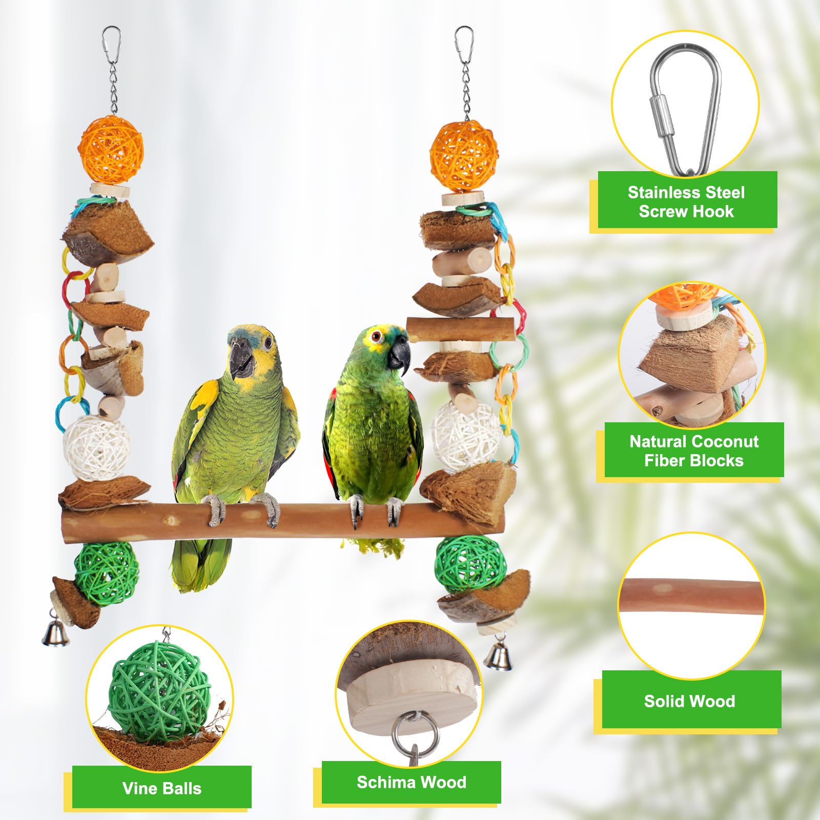 unimaxlink 3-in-1 Parrot Toys Natural Coconut Fiber Parrot Hammock (Swing + Perch + Chew Toy) Natural Bird Perches for Medium Large Birds - 23" Bird Toys for Parrots Stand