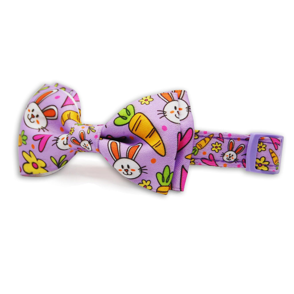 Easter Dog Collar with Bow Tie Set, Adjustable Purple Bunny and Carrot Pattern Pet Collar, Cute Spring Flower Holiday Neckwear for Small, Medium, and Large Dogs