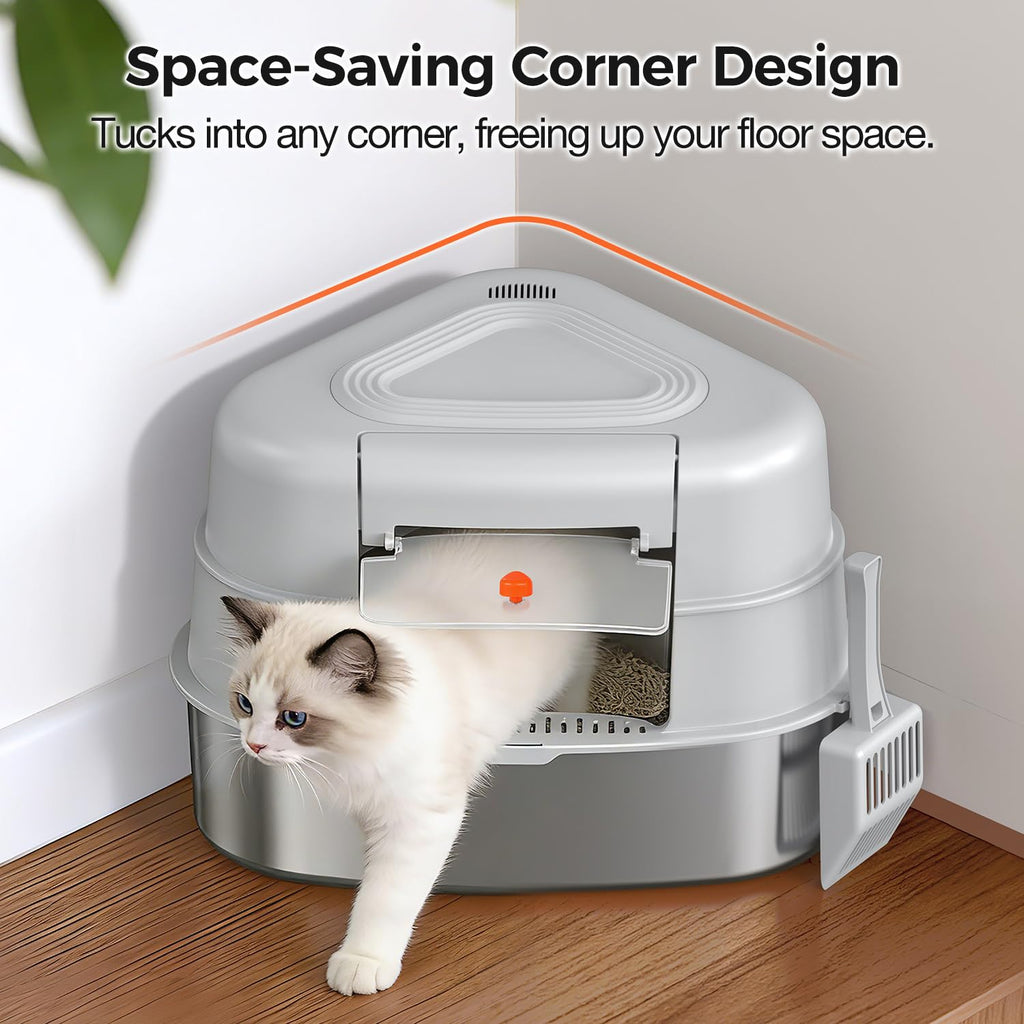 Chumajor XXL Stainless Steel Corner Cat Litter Box with Lid,Grey