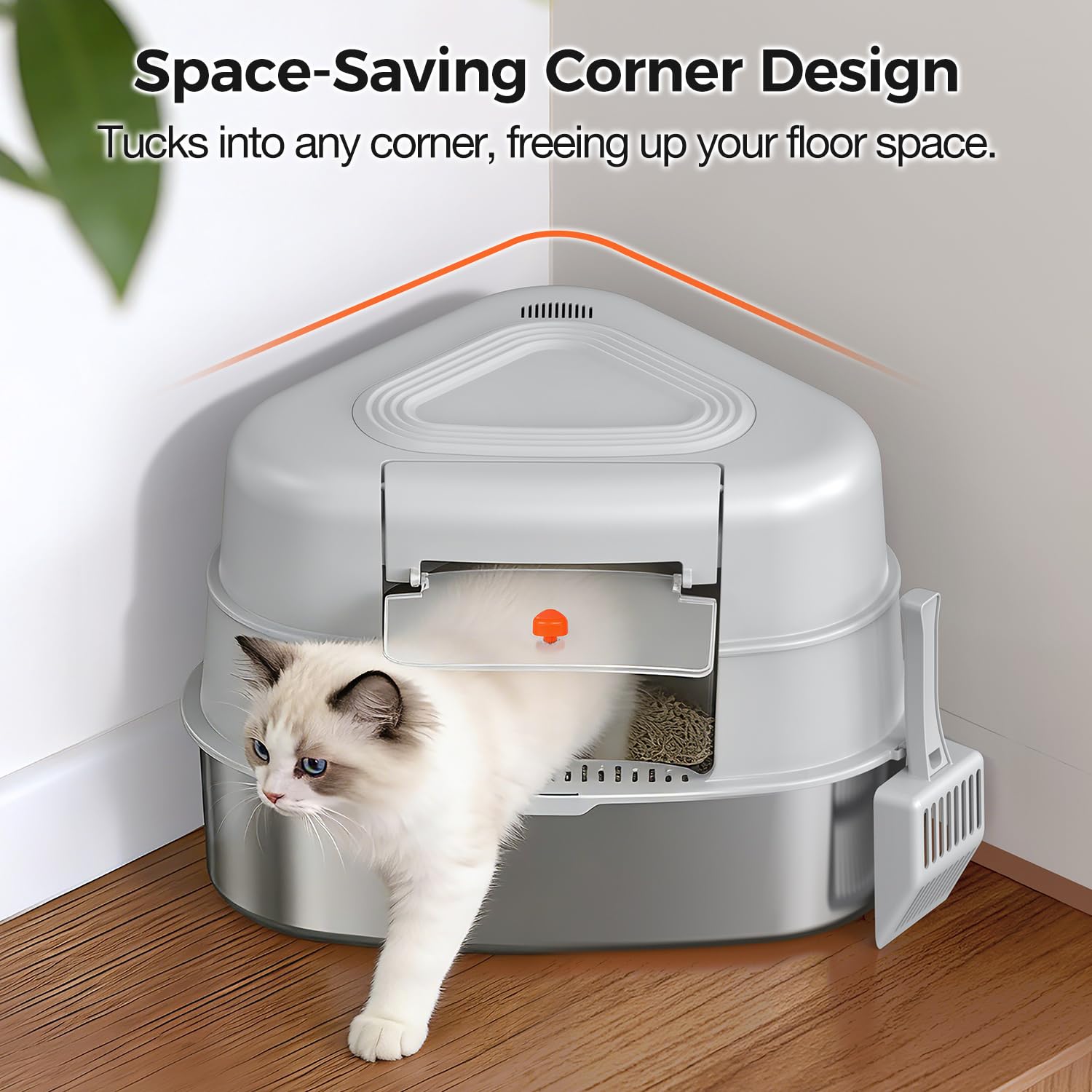 Chumajor XXL Stainless Steel Corner Cat Litter Box with Lid,Grey