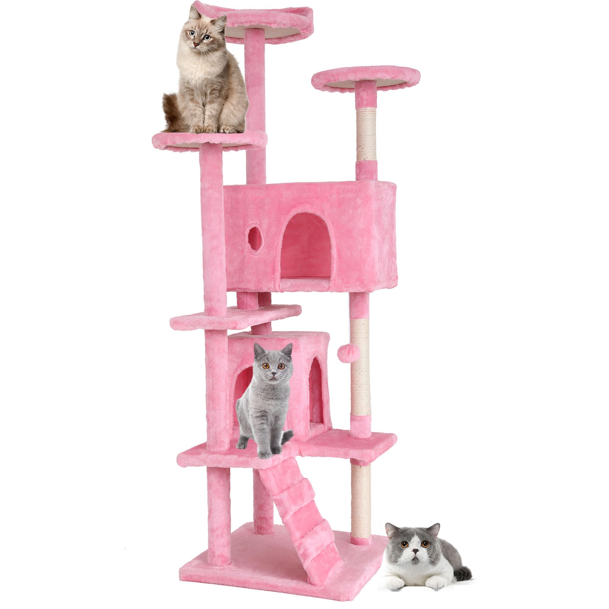 BestPet | 70" Cat Tree Tower | Pink | Sturdy, Easy to Assemble, Multi-Level Activity Center with Sisal Scratching Posts, Condos, Perches, Hanging Cat Toys, Observation Decks & Ladder