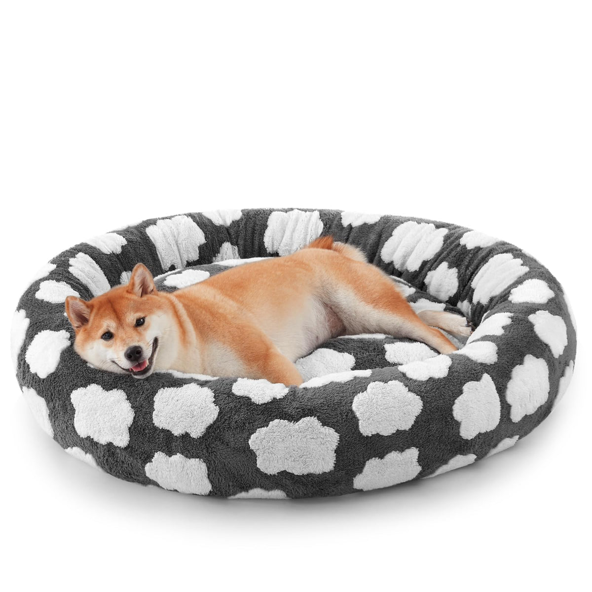 JOEJOY Jacquard Donut Round Small Dog Beds,Blue 23x23x7in, Removable Washable Cover, Cute Pattern, Ultra Soft Fluffy Calming Pet Bed with Thick Supportive Bolster