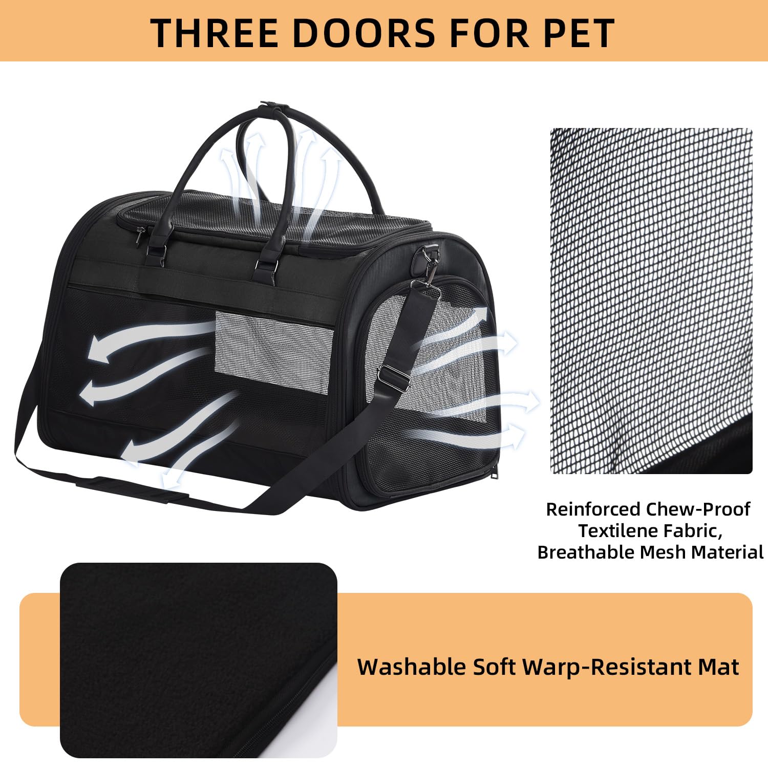 PET MARVEL Cat Carrier Soft Sided Large for Pet Dogs up to 25 Lbs, Airline Approved Mesh Pet Travel Bag, Breathable Bite-Resistant Fabric with Removable Washable Mat