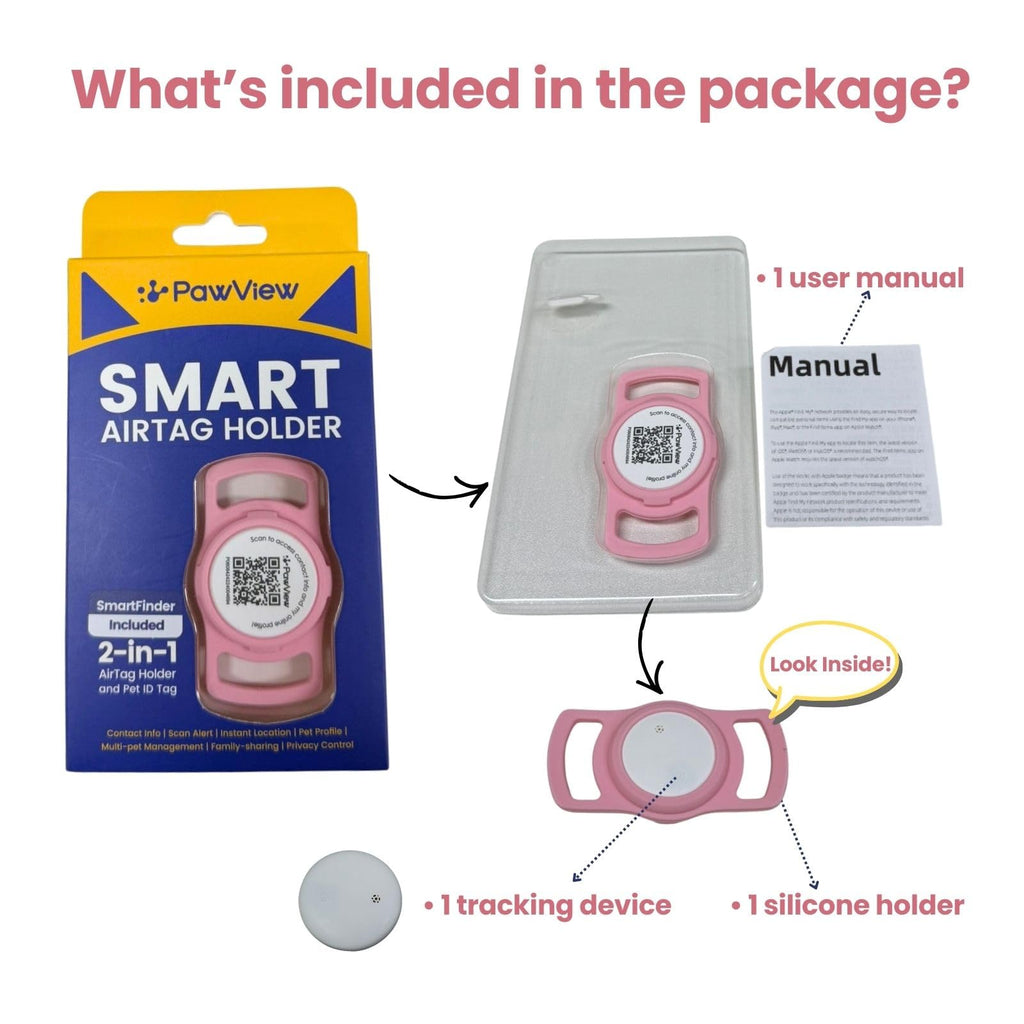 Smart Pet Tracker for Collar - Dog Trackers Location for Pet with Holder, No Monthly Fee, Real-Time Tracking, iOS Only, IPX6 Waterproof, Long-Lasting, Anti-Lost Tracker for Cats, Bag Straps,Pink
