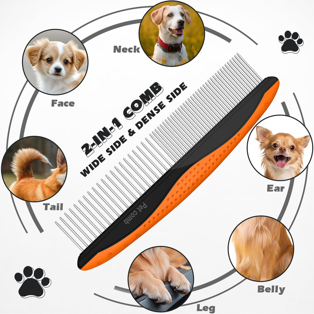 3PCS Pet Grooming Rake & Metal Comb & Flea Comb for Cats and Dogs, Double-Sided Dematting Tool, Extra-Wide Deshedding Dog Brush for Long Hair to Effectively Remove Tangles, Knots and Mats (Orange)
