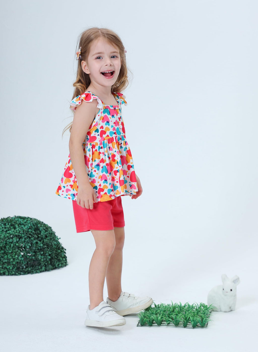 Popshion Girls Valentine's Day Outfit Toddler Girls Summer Clothes 2 Piece Set Heart Ruffle Sleeveless Shirt and Red Short Clothing Set Size 6t/6653