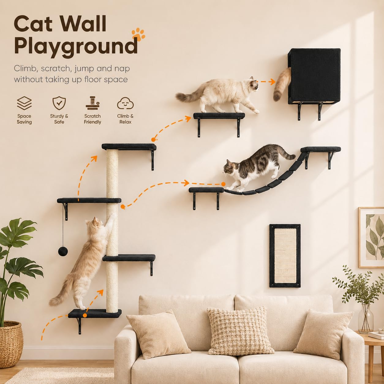 Modern Wall-Mounted Cat Furniture - 5pcs Cat Wall Shelves, Wooden Climber Includes House, Bridge, Tree, Steps, and Scratcher (Black)