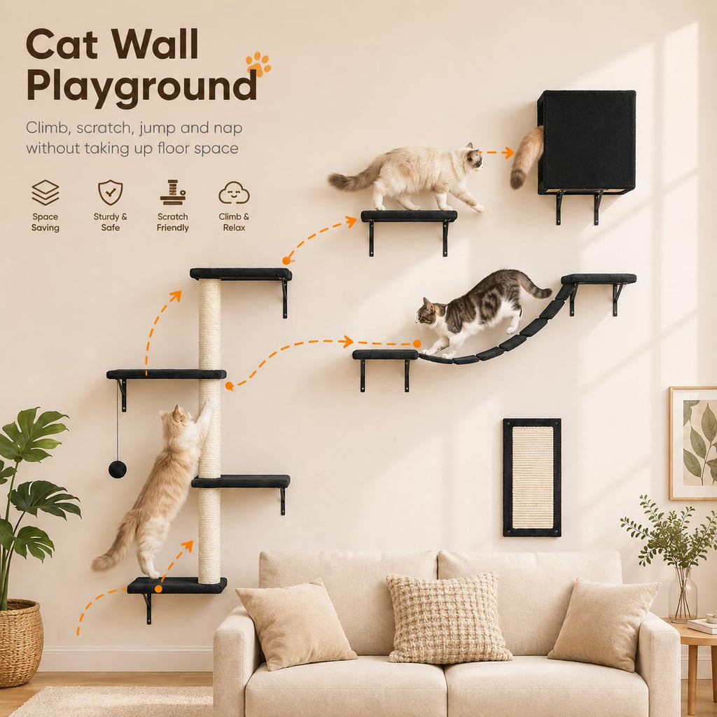 Modern Wall-Mounted Cat Furniture - 5pcs Cat Wall Shelves, Wooden Climber Includes House, Bridge, Tree, Steps, and Scratcher (Black)