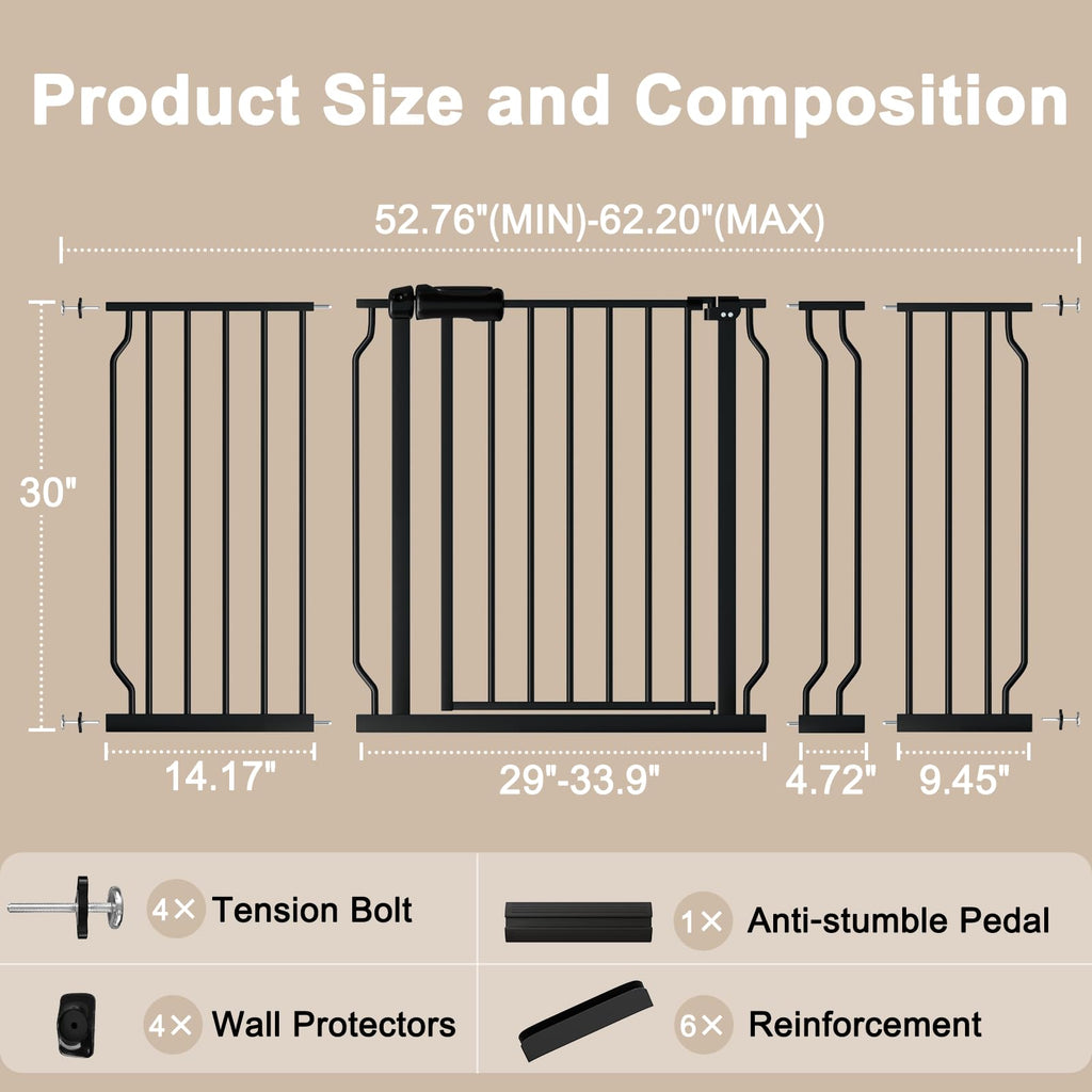 WAOWAO 52.76-62.2" Extra Wide Baby Gate Pressure Mounted 30" Tall Black