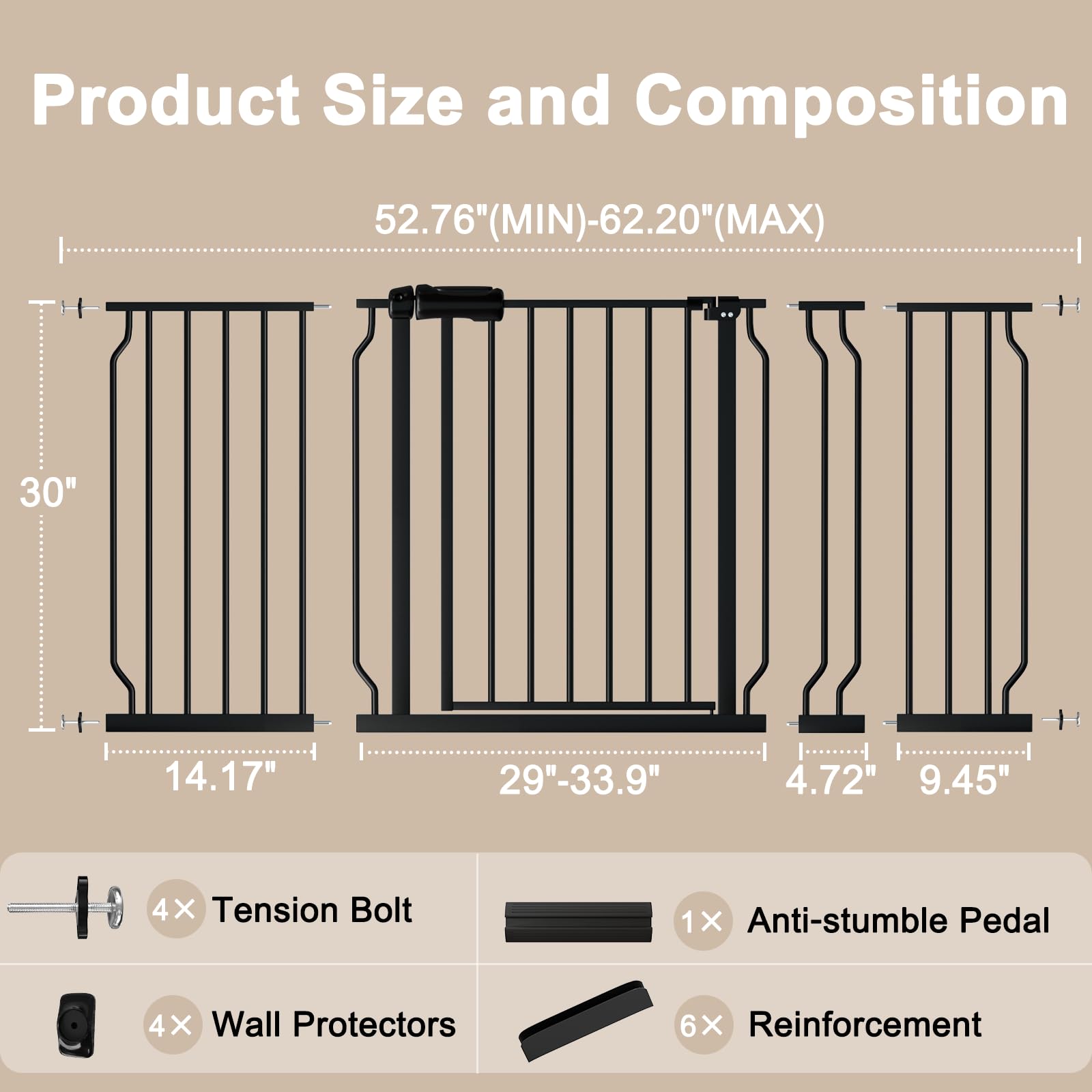 WAOWAO 52.76-62.2" Extra Wide Baby Gate Pressure Mounted 30" Tall Black