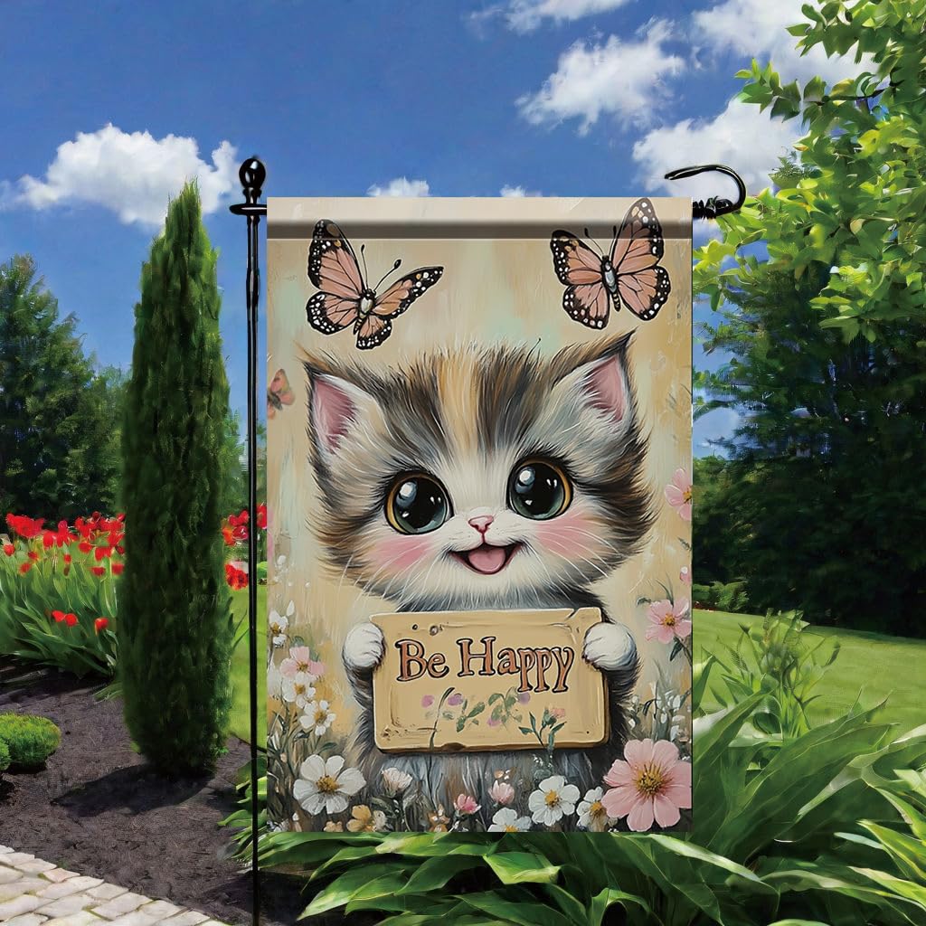 Tomhong Be Happy Cat Garden Flag 12x18 Inch Double Sided Outdoor Yard Banner Cute Kitten with Butterflies and Flowers for Spring Summer Patio Porch Lawn Home Decoration