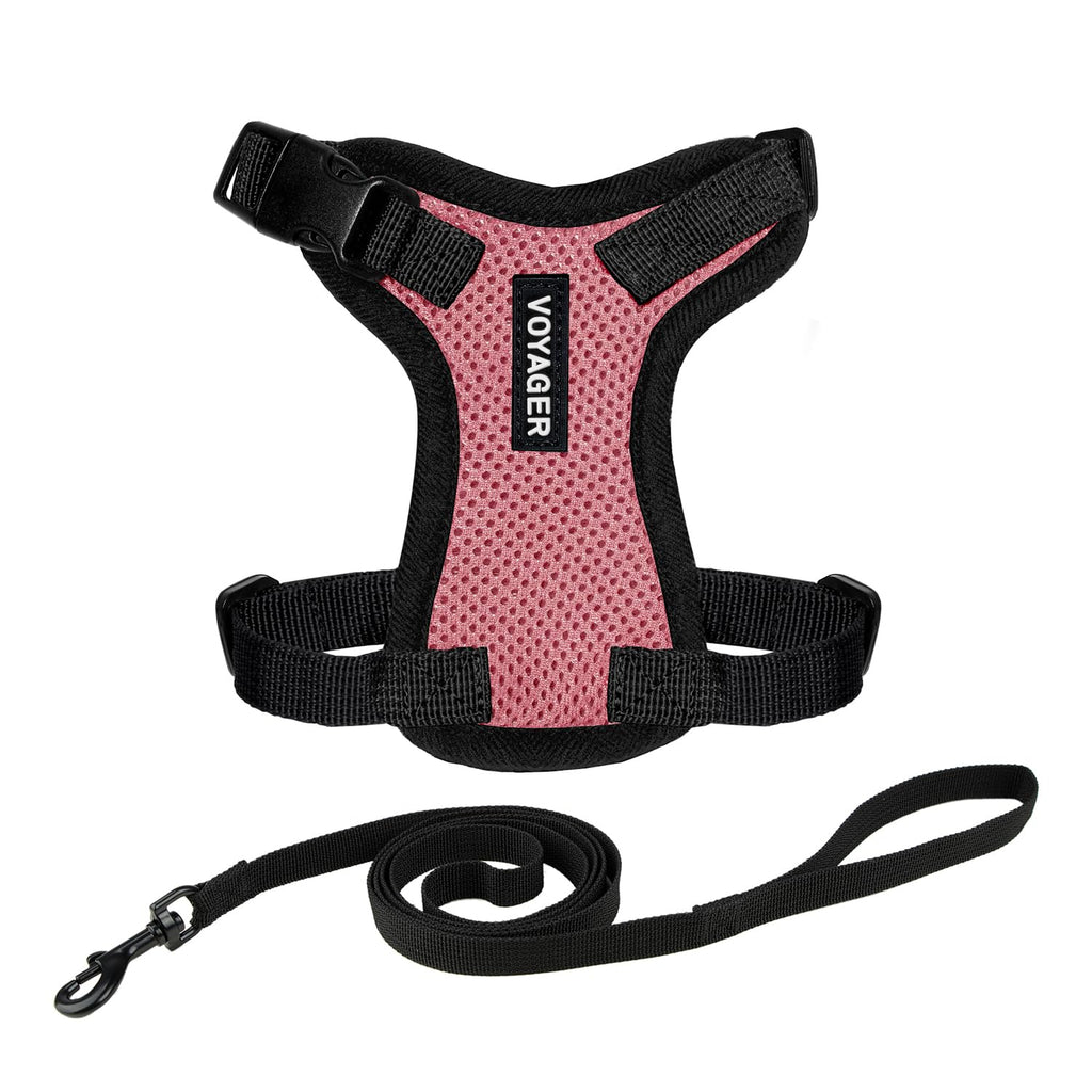 Voyager Escape-Proof Step-in Lock Cat Harness & 5ft Neoprene-Handle Leash Set All-Weather Mesh with Reflective Stitching for Small to Large Cats by Best Pet Supplies, Pink/Black Trim, XXXS