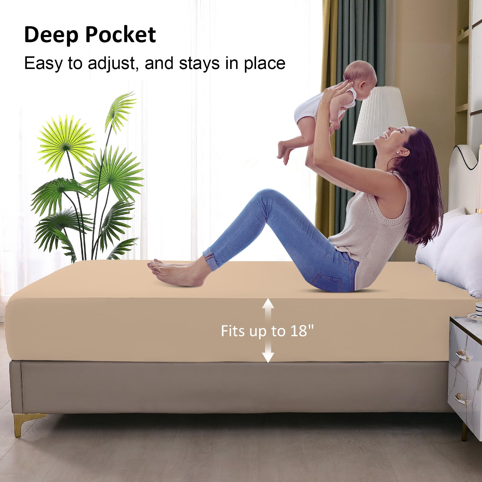 Waterproof Mattress Protector Queen, Fitted Sheet Style Breathable Mattress Cover with Deep Pocket Fits Up to 18'', Noiseless Bed Cover for Kids Adults Pets, Machine Washable (Light Tan, 60'' X 80'')