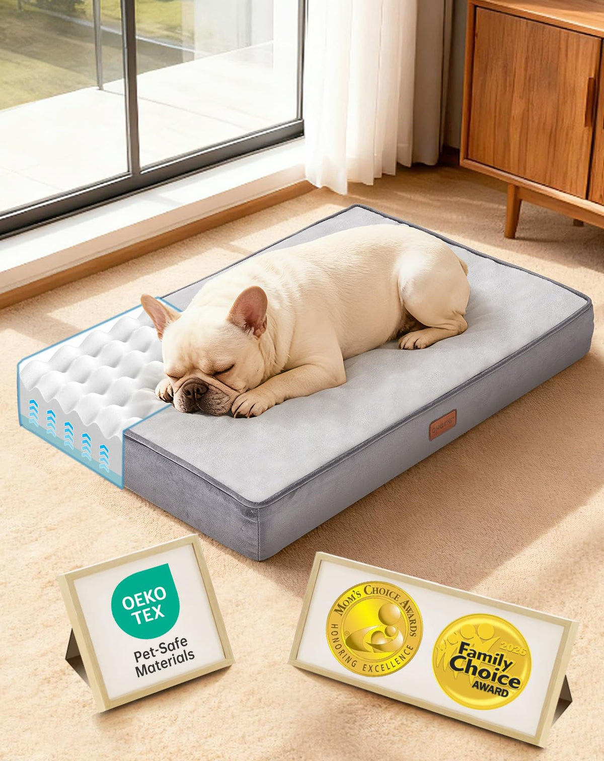 OhGeni Orthopedic Waterproof Large Dog Bed, Memory Foam, 41 inch-XL(Gray)