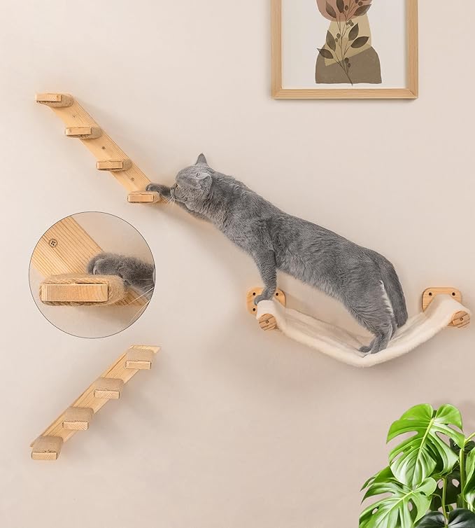 Cat Wall Hammock Set, Cat Wall Shelves with Bed & 2 Four-Step Ladders