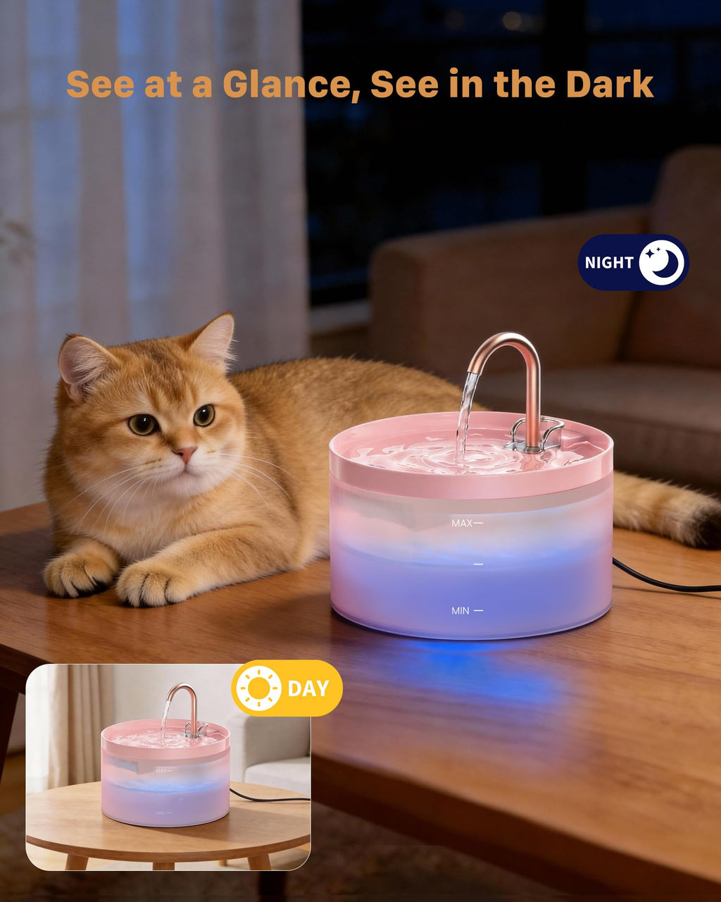 Cat Water Fountain Pink for Drinking: 67oz/2L Cat Fountain - GIOTOHUN Cute Pet Water Fountain for Cats Inside - Quiet Pet Fountain - Faucet Cat Drinking Fountain - Suitable for Kitty & Kitten
