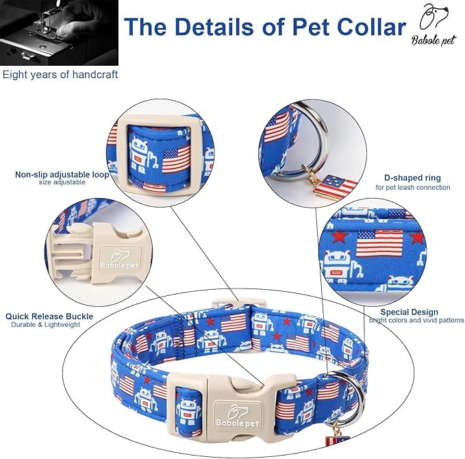 Babole Pet 4th of July Dog Collar, Robot Star-Spangled Patriotic Dog Collars for Giant Large Dogs, Adjustable Lightweight Quick-Release Buckle Collar for Boy&Girl Dogs XL