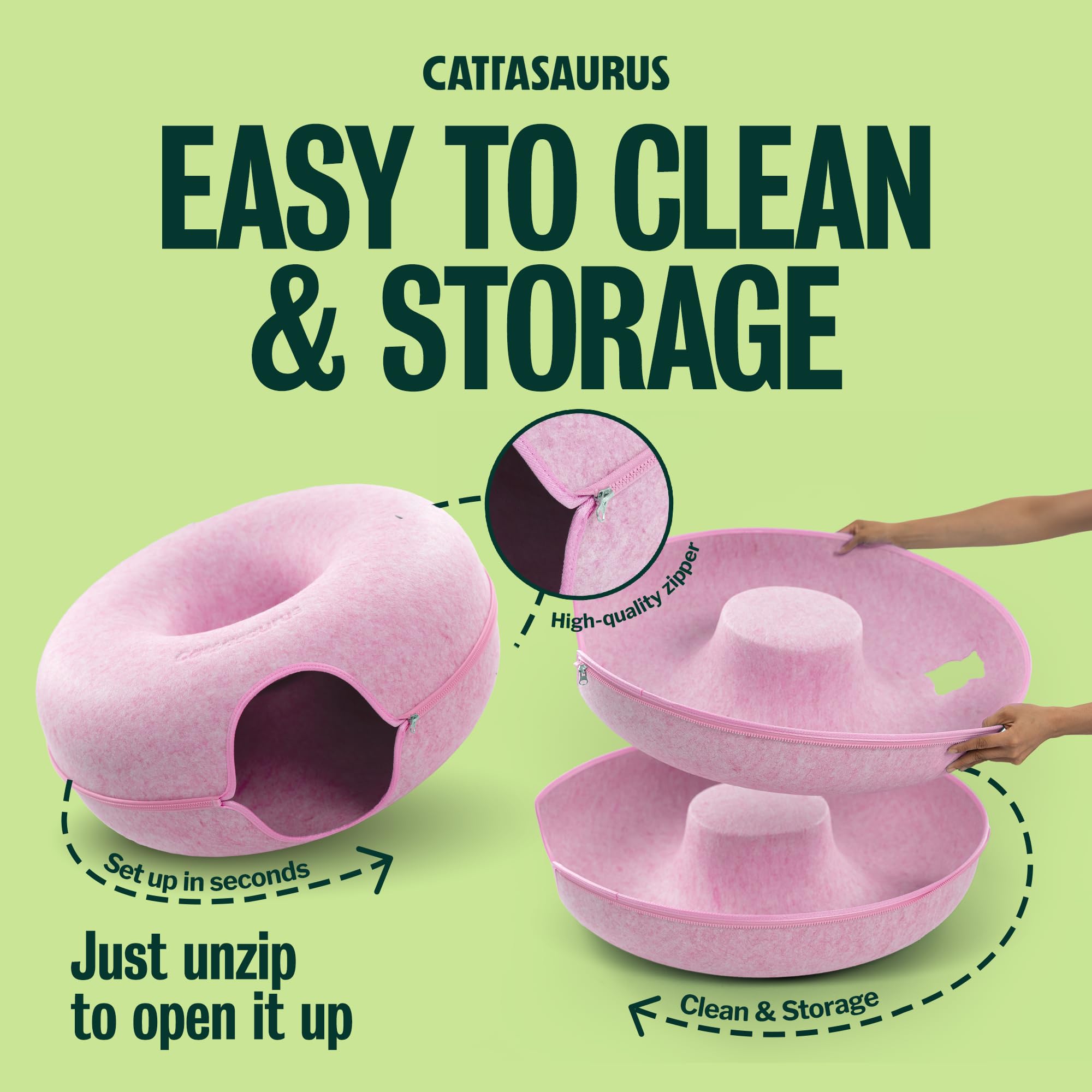 Cattasaurus Peekaboo Cat Cave Donut for Multiple & Large Cats up to 30-45 lbs, 3-in-1 Self Warming Cat Bed, Tunnel & Scratcher for Indoor Cats, Washable & Detachable Small Dog Bed (Pink, Jumbo)