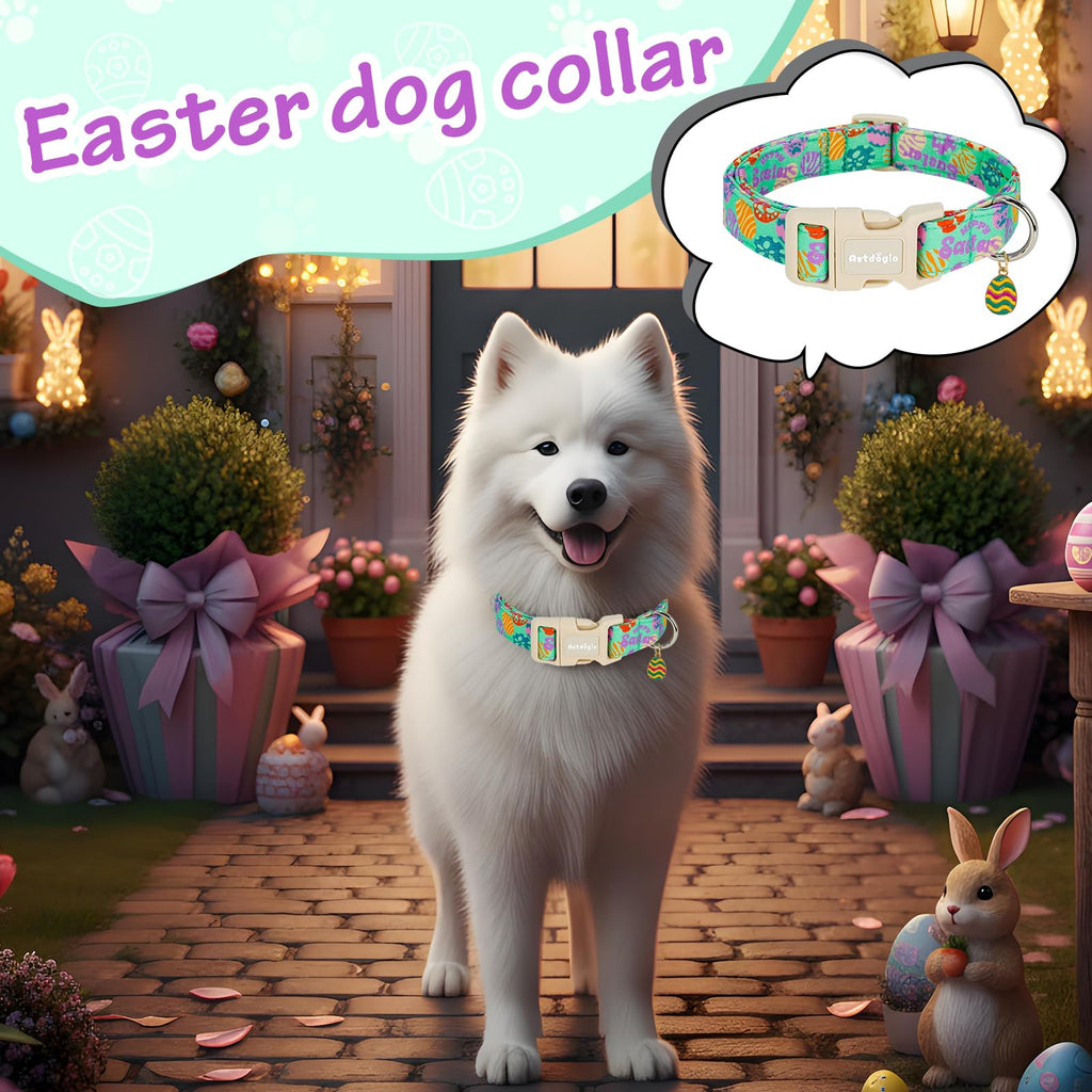 Astdogio Easter Dog Collar for Large Dogs, Adjustable Green Large Dog Collar with Colorful Eggs Pattern, Cute Easter Dog Collars Girl Boy Collar for Dogs -L
