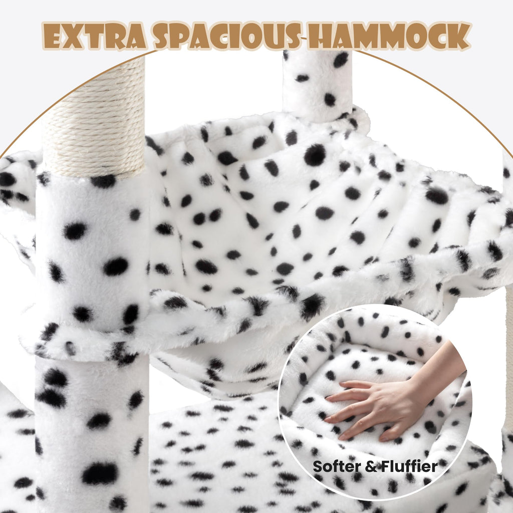 SHA CERLIN 81in Multi-Level Tall Cat Tree Tower for Indoor Kitties/Larger Cat Condo Furniture with Hammock/Cozy Pussycat Perches/Sisal Scratching Posts/Pet House/Wide Base/White & Black Spot