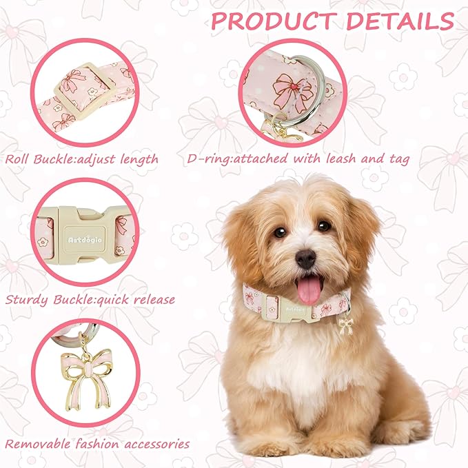 Astdogio Pink Bow Dog Collar with Flower, Adjustable Cotton Puppy Collar, Cute Girl Boy Dog Collars for Small Medium Large Dogs, Ideal for Gifts,Pet Accessory,L