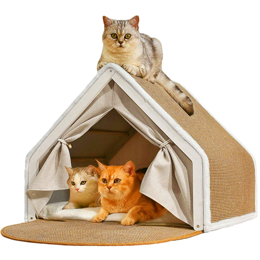 Cat Houses for Indoor Cats - 4 Seasons Cat Bed Cave with Natural Sisal Cat Scratcher Mat, Solid Wood Frame Cat House with Curtains and Cat Floor Scratching Pad Rug, Protect Couch and Carpets, M