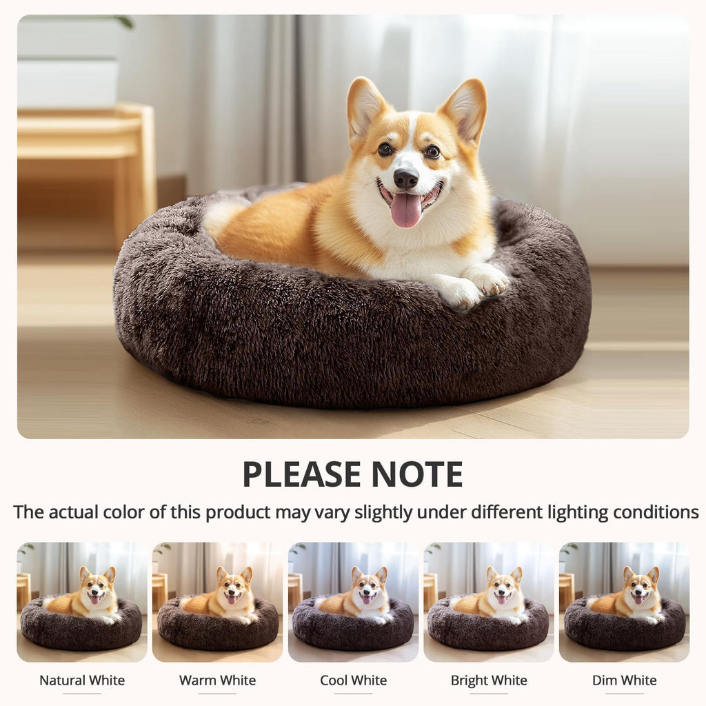 JOLLYVOGUE Calming Dog Beds Large Sized Dog, 36in Donut Washable Large Pet Bed, Anti-Slip & Anti-Anxiety Fluffy Faux Fur Round Dogs Bed, Fits up to 80 lbs Pets （Chocolate）