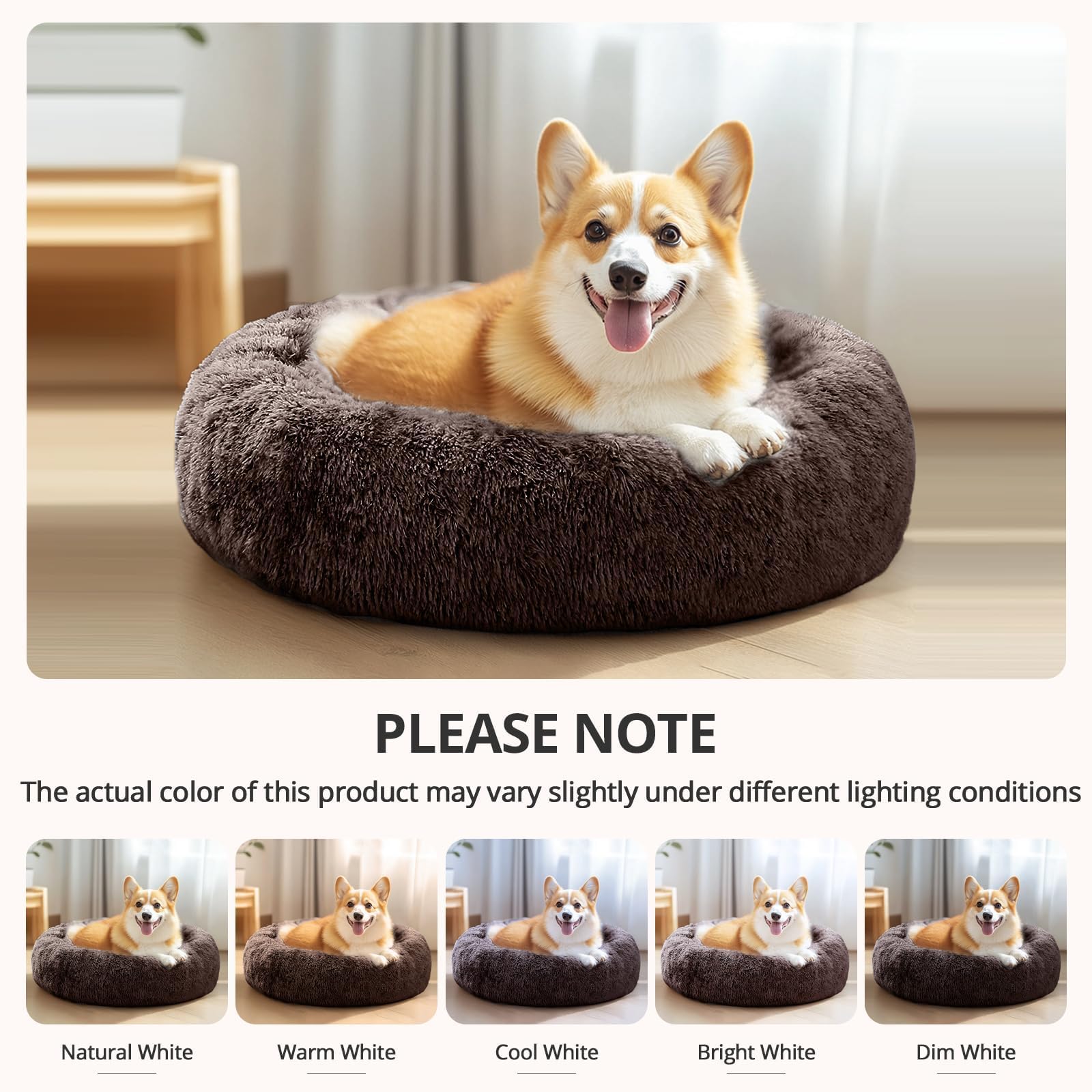 JOLLYVOGUE Calming Dog Beds Large Sized Dog, 36in Donut Washable Large Pet Bed, Anti-Slip & Anti-Anxiety Fluffy Faux Fur Round Dogs Bed, Fits up to 80 lbs Pets （Chocolate）