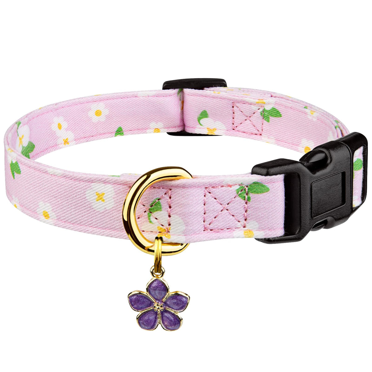 Cotton Dog Collar Pink Flower with Pendant Cute Dog Collar S