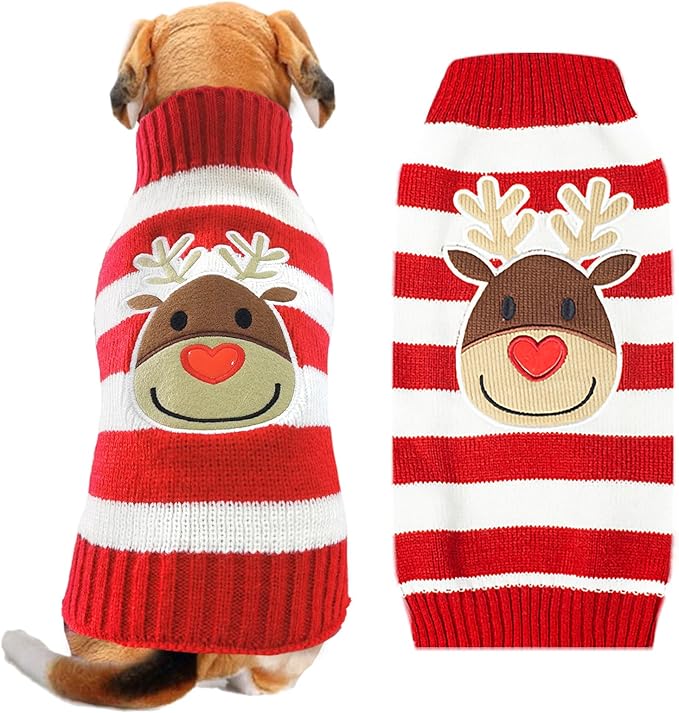 Dog Christmas Sweater Cute Striped Reindeer Xmas Pet Clothes Holiday Puppy Cat Costume New Year Gifts for Small Medium Large Dogs Jumpers (XL, Red White Stripe Reindeer)