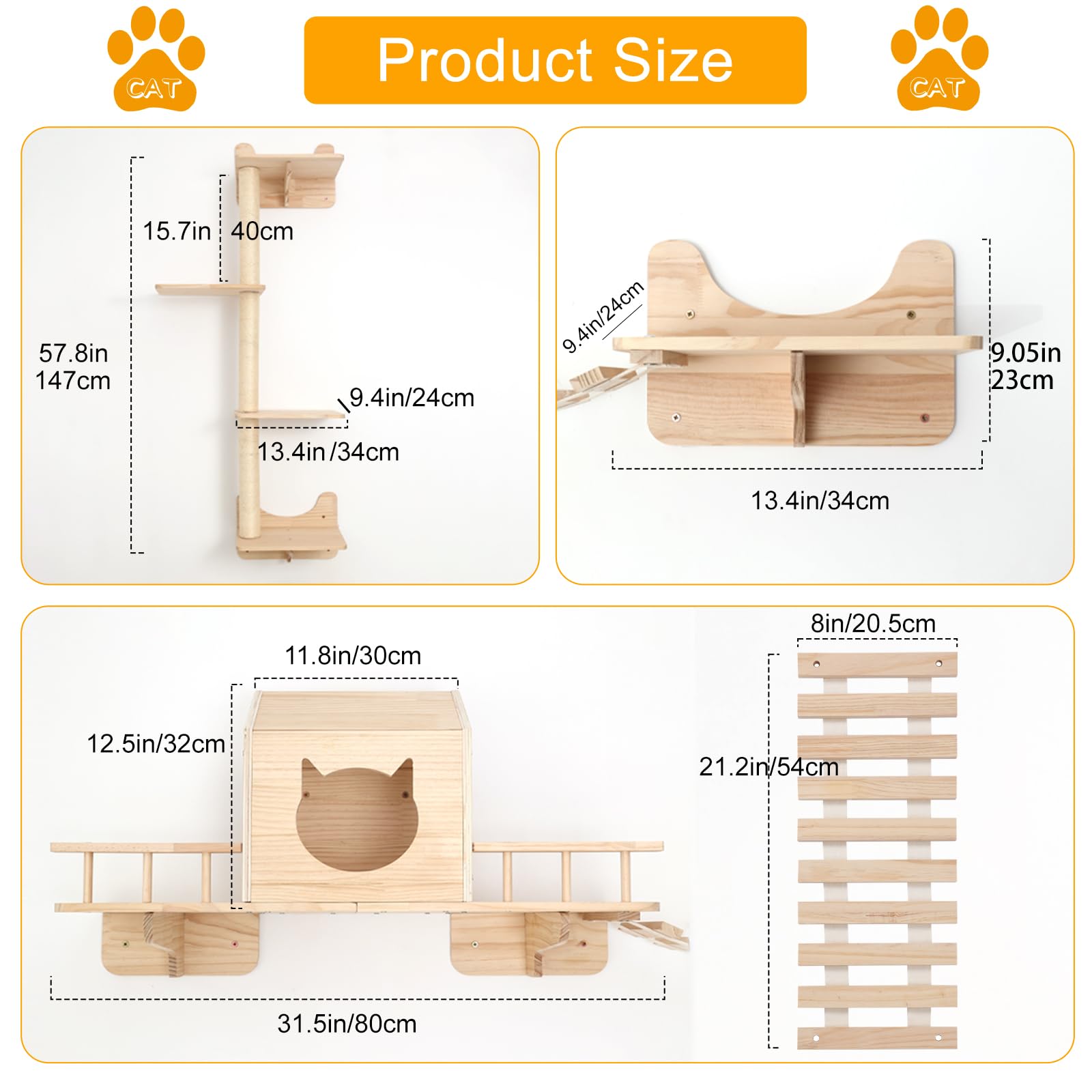 NOVGOBHOT Cat Shelves for Wall – Cat Climbing Furniture Set for Large Cats with House, Bridge Ladder, 3 Scratching Posts & 5 Steps