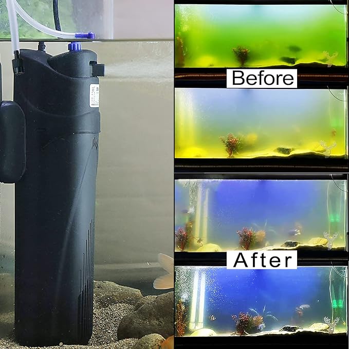 COOSPIDER Aquarium Filter Sun JUP-01 for 40-80 Gallon Tank Clear, U-V Fish Tank Green Clean Machine Submersible Pump w/ 1 Spare Bulb + 2 Replace Filter