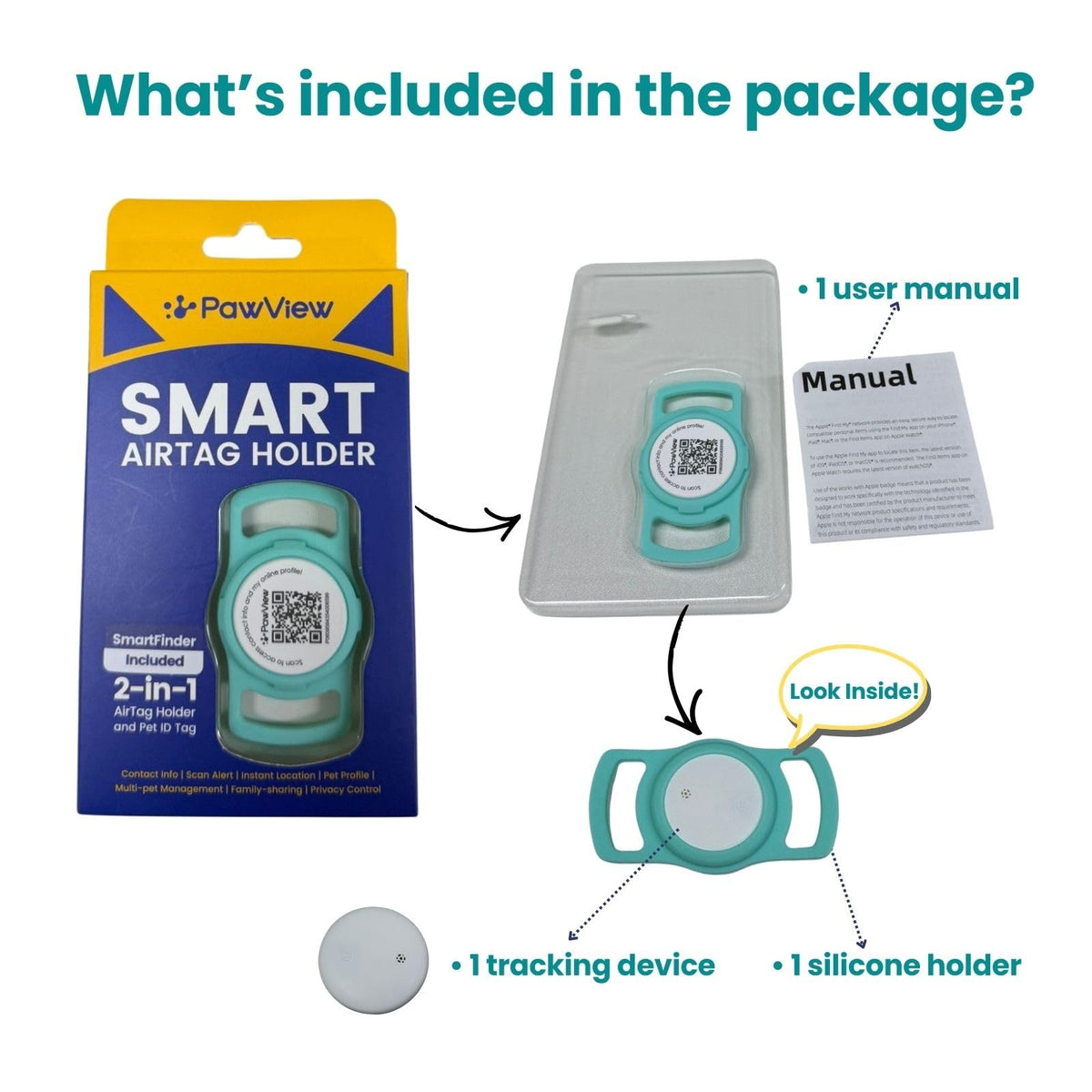 PawView Smart Pet Tracker for Collar - Dog Trackers Location for Pet with Holder, No Monthly Fee, Real-Time Tracking, iOS Only, Emergency Contact, Long-Lasting, Anti-Lost Tracker for Cats, Bag Straps
