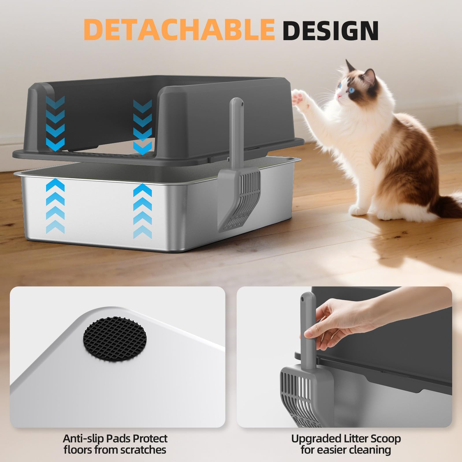 Stainless Steel Cat Litter Box, XXL High Sided Open Top Litter Pan, 1 Scoop