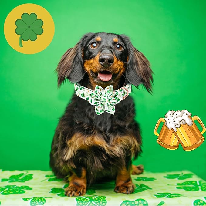Lionheart glory St. Patrick's Day Dog Collar with Flower Dogs Collar,Soft Green Lucky Clover Shamrock Dog Collars Flower for Large Dogs Soft Collars Bows Heavy Duty