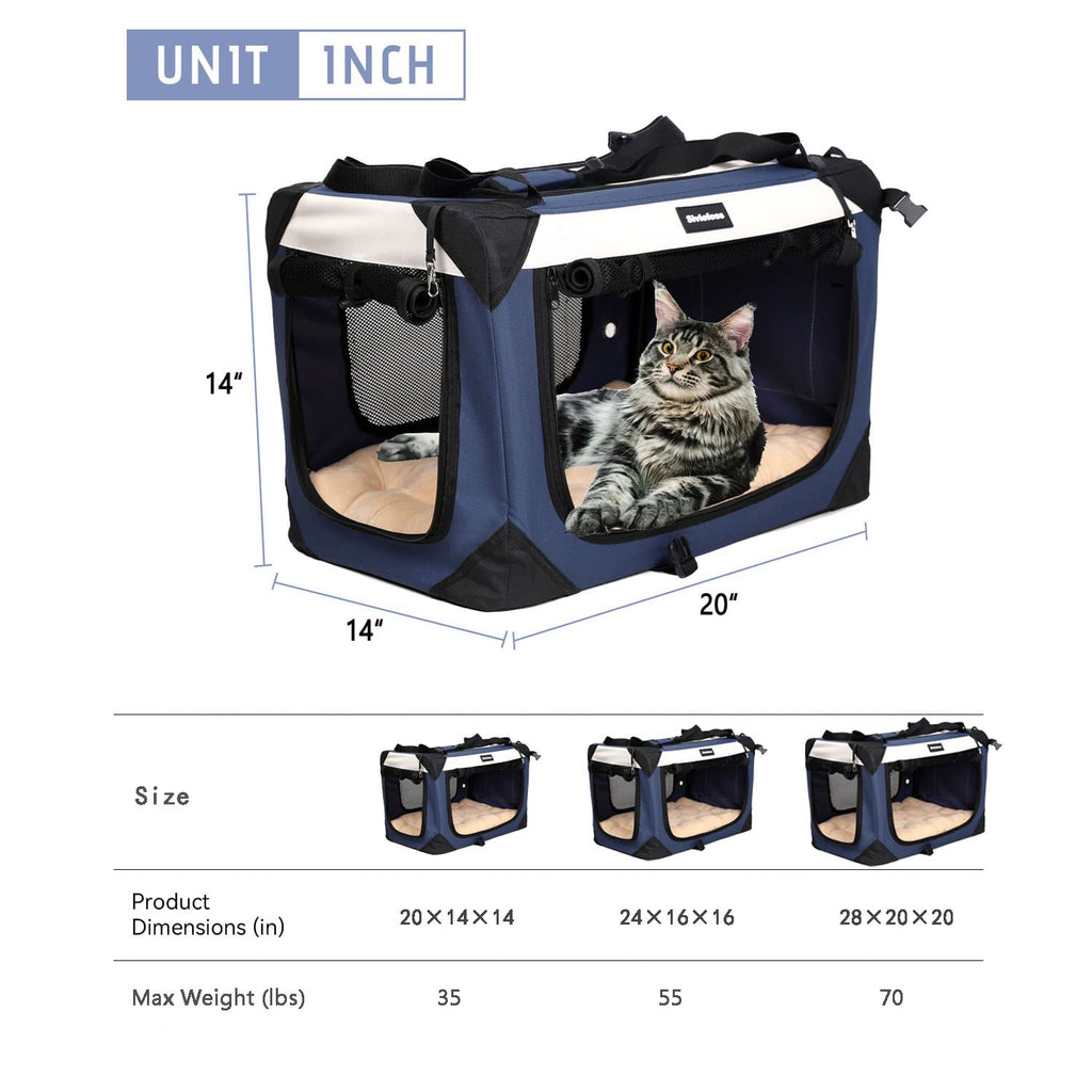Sivlefoss Large Cat Carrier, Collapsible Dog Travel Crate Portable Soft-Sided Pet Carrier with Super Soft Warm Plush Mat for Indoor and Outdoor 20x14x14in,Navy Blue