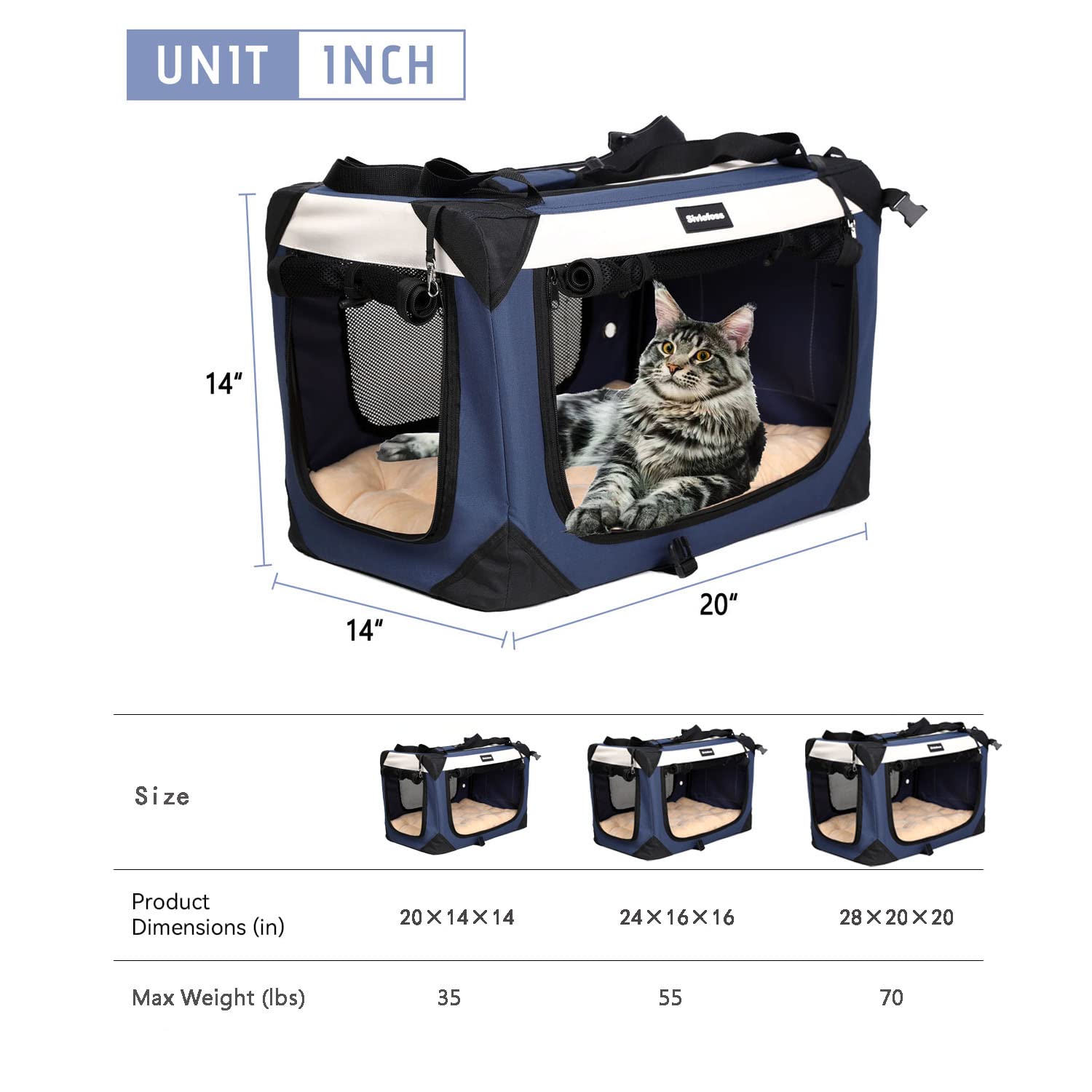 Sivlefoss Large Cat Carrier, Collapsible Dog Travel Crate Portable Soft-Sided Pet Carrier with Super Soft Warm Plush Mat for Indoor and Outdoor 20x14x14in,Navy Blue